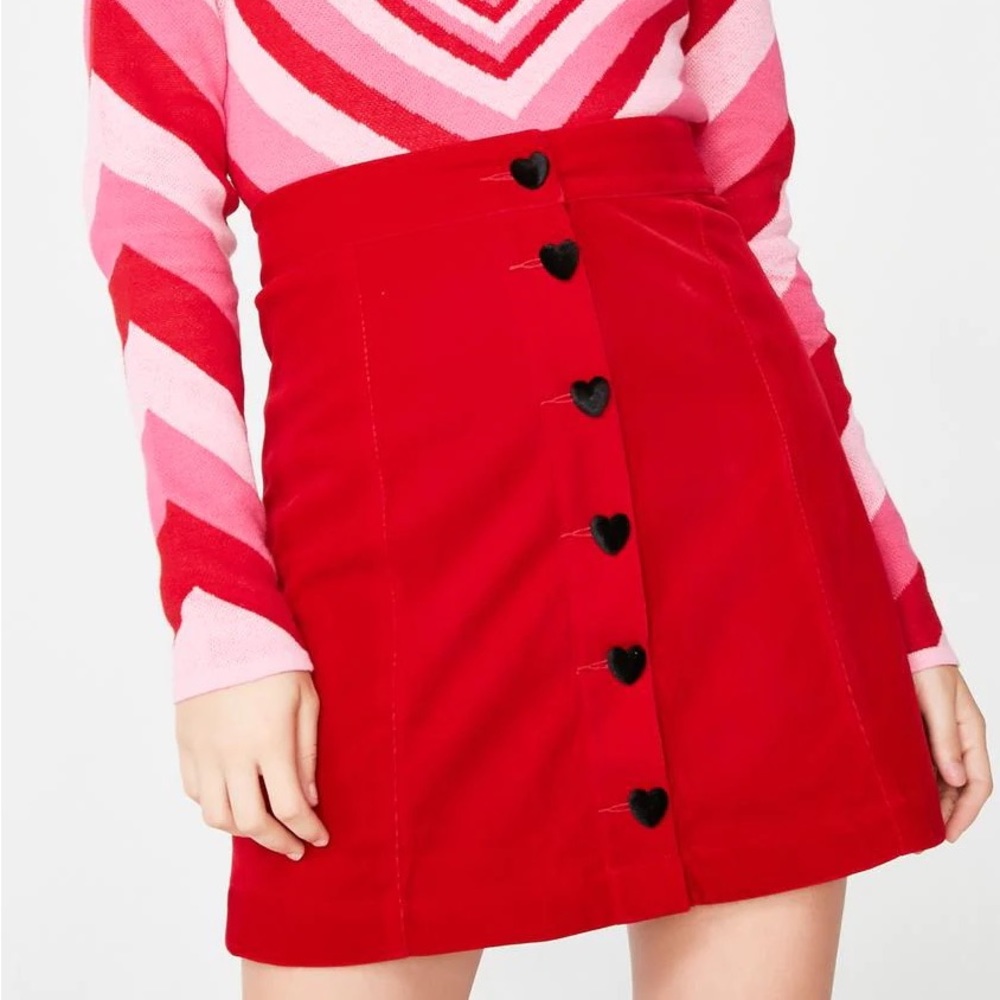 Lazy Oaf Red Heart Button Velvet Skirt
